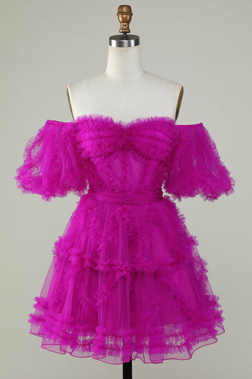 Stylish A Line Off the Shoulder Fuchsia Tulle Corset Short Formal Dress